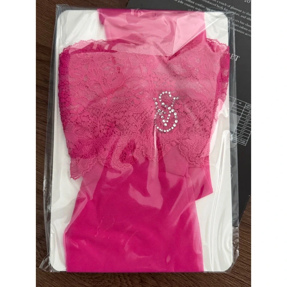 Victoria's Secret Pink Lace Top Thigh Highs Back Seam Rhinestone Logo Size M